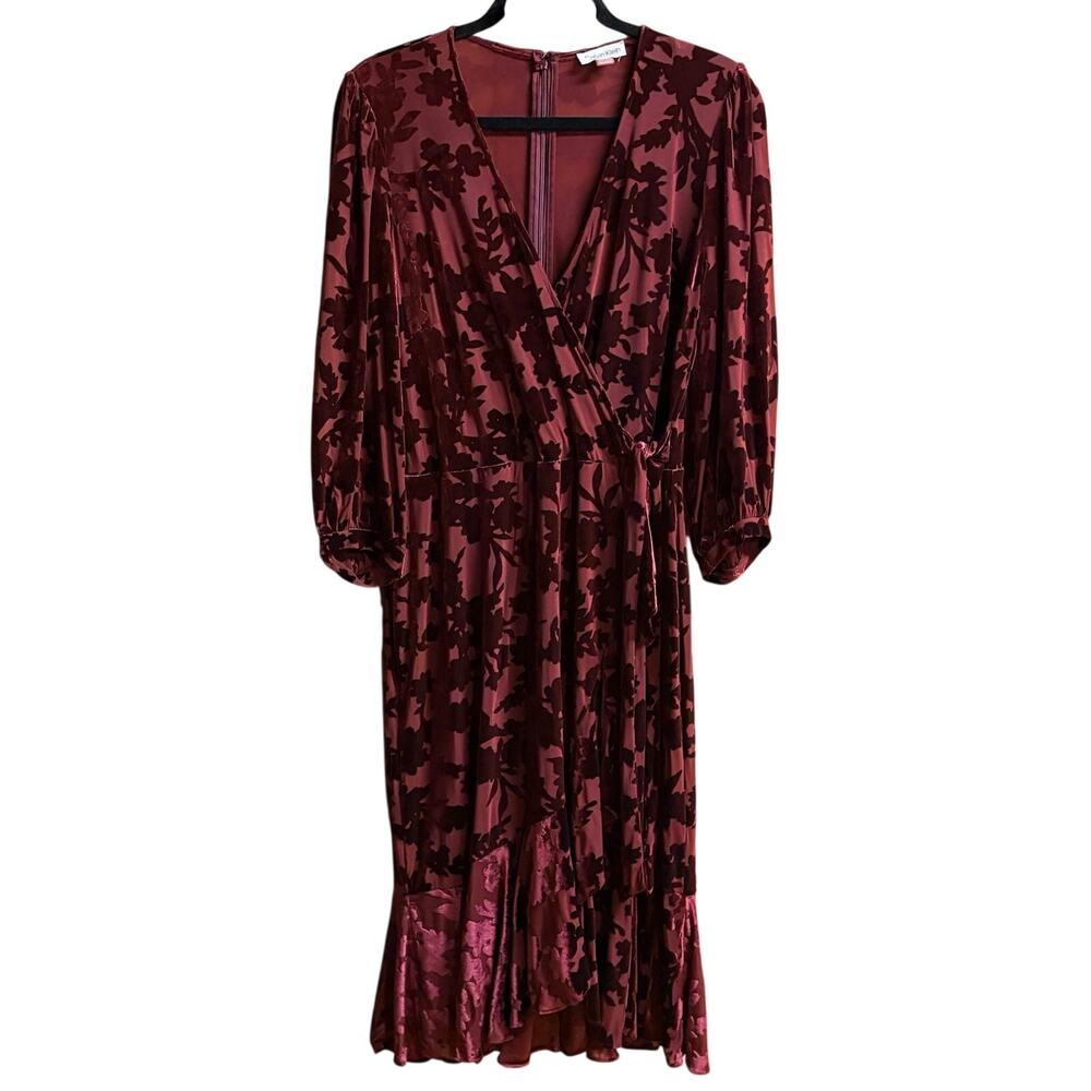 Calvin Klein Dress 14 W Womens Burgandy Sheer w/ Velvet Flowers 3/4 Sleeve